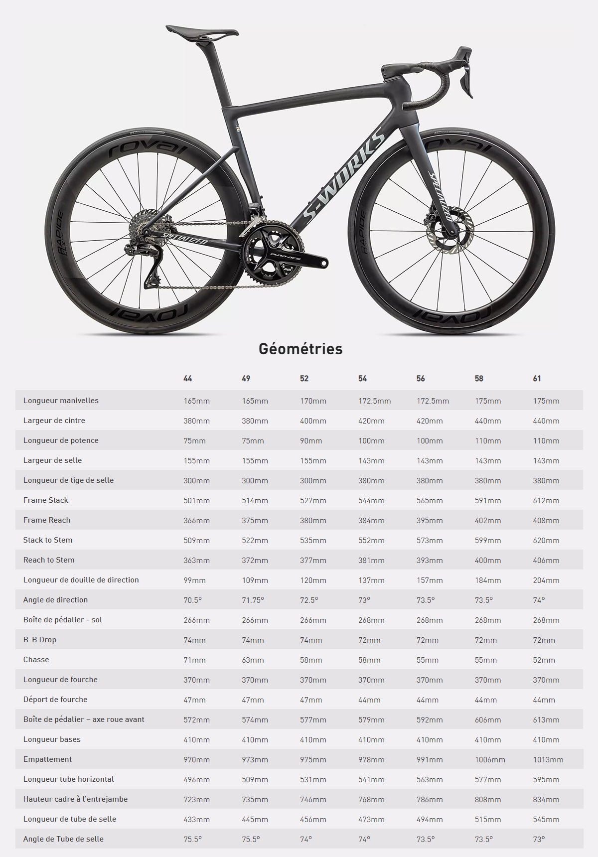 Guide de taille du vélo Tarmac SL8 Pro - Ultegra Di2 année 2024